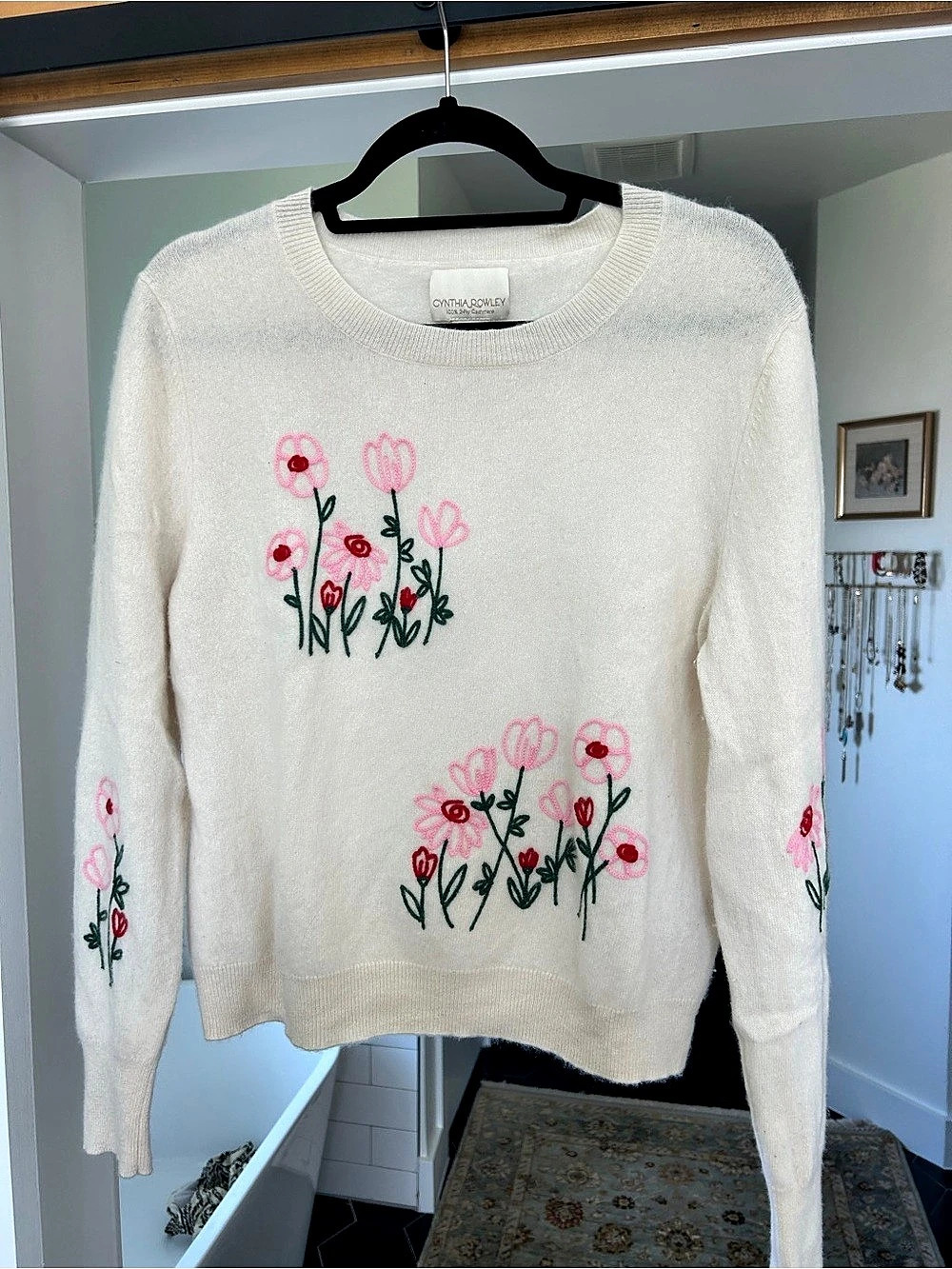 Cynthia Rowley Floral Embroidered Cashmere Crewneck Sweater Cream & Pink XL